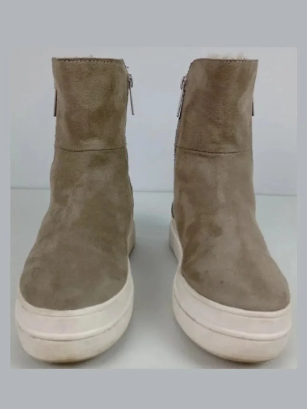 J/Slides NYC Tristan Women 7 Taupe Double Side Zip Faux Fur Platform Suede Boots